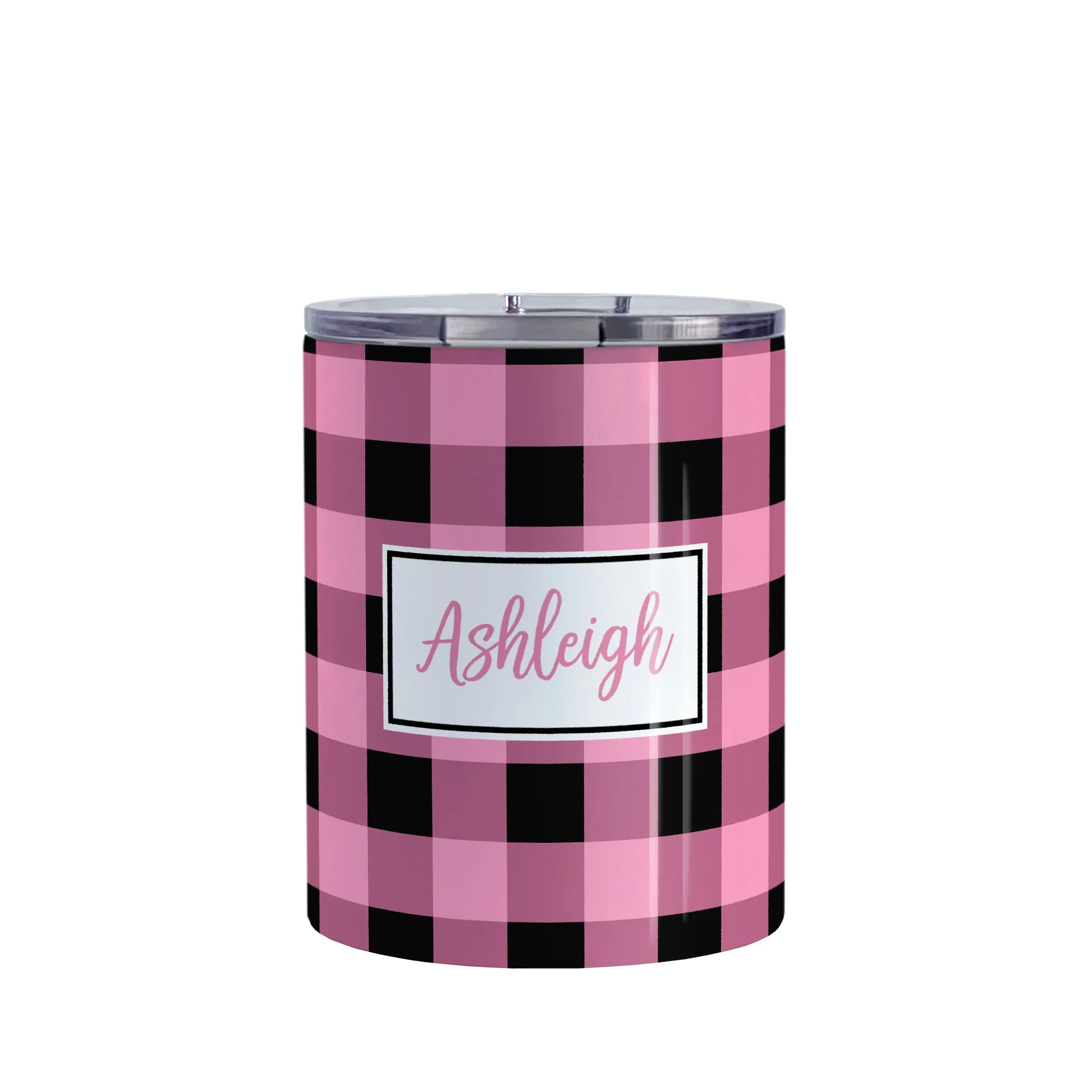 Personalized Light Pink and Black Buffalo Plaid Tumbler Cup