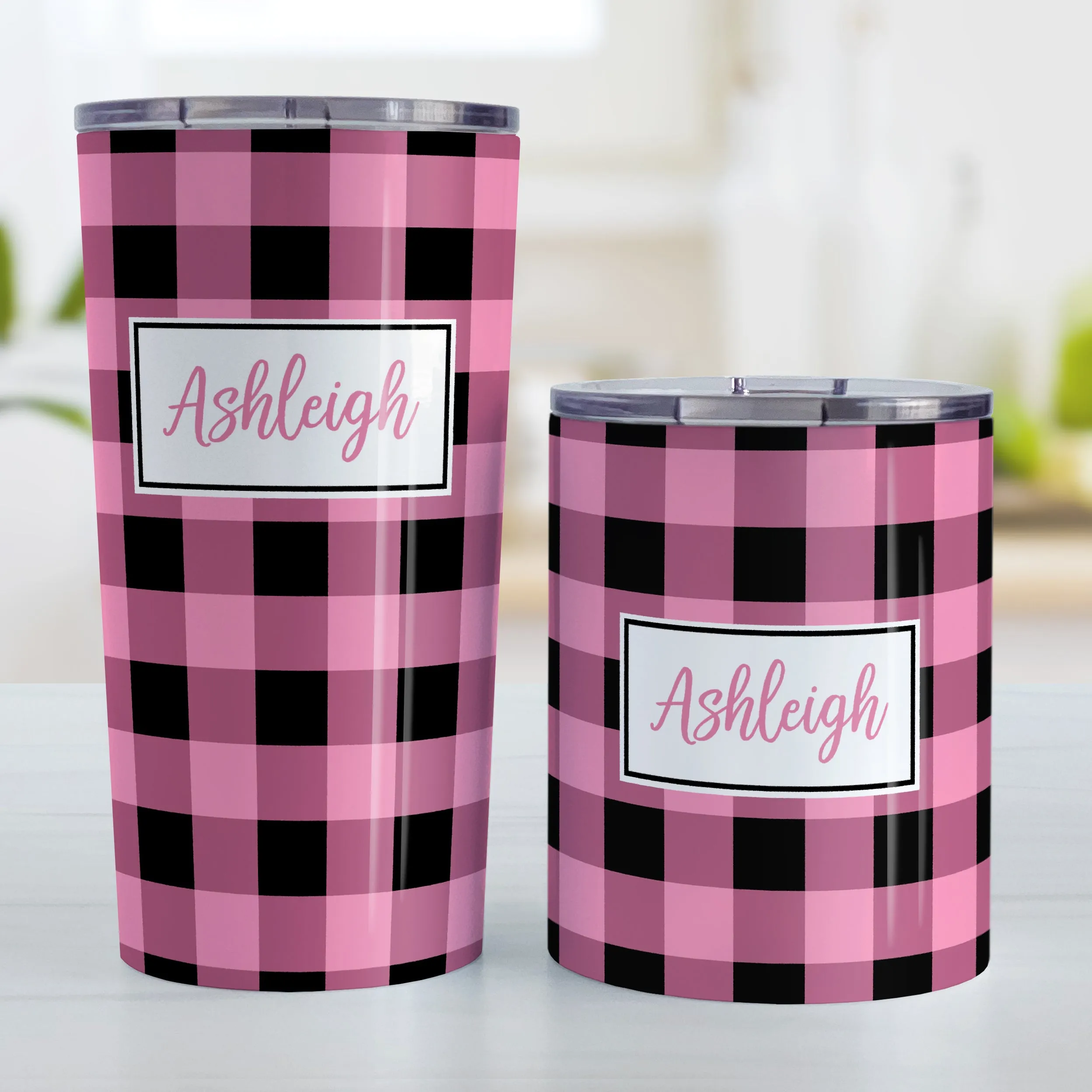 Personalized Light Pink and Black Buffalo Plaid Tumbler Cup