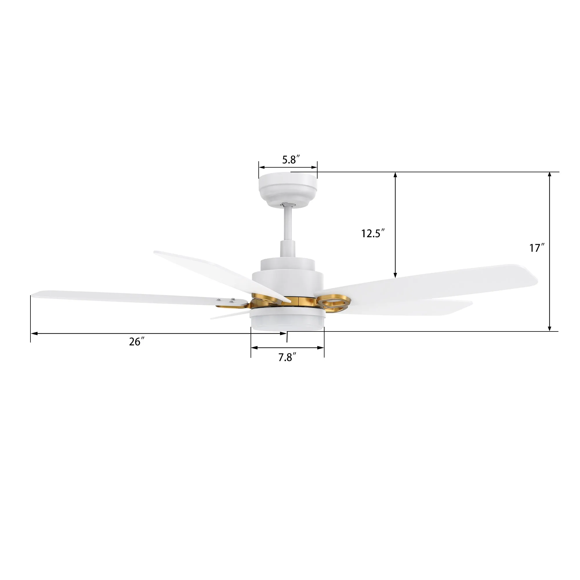 PEYTON 52 inch 5-Blade Smart Ceiling Fan with LED Light Kit & Remote Control- White/White (Gold Details)