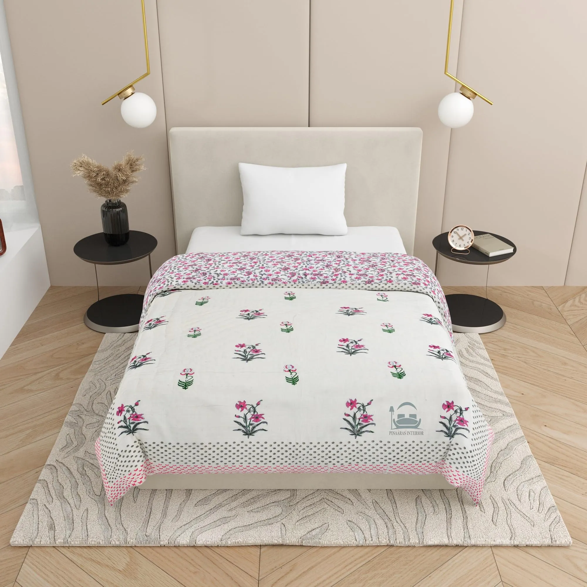 PINAARAS INTERIORS 300 TC Double Bed Jaipuri Razai Organic Pure Cotton Jaipuri rajai Ac Quilt for All Season Soft Lightweight Rajasthani Traditional Cotton Comforter - Pink Flowers