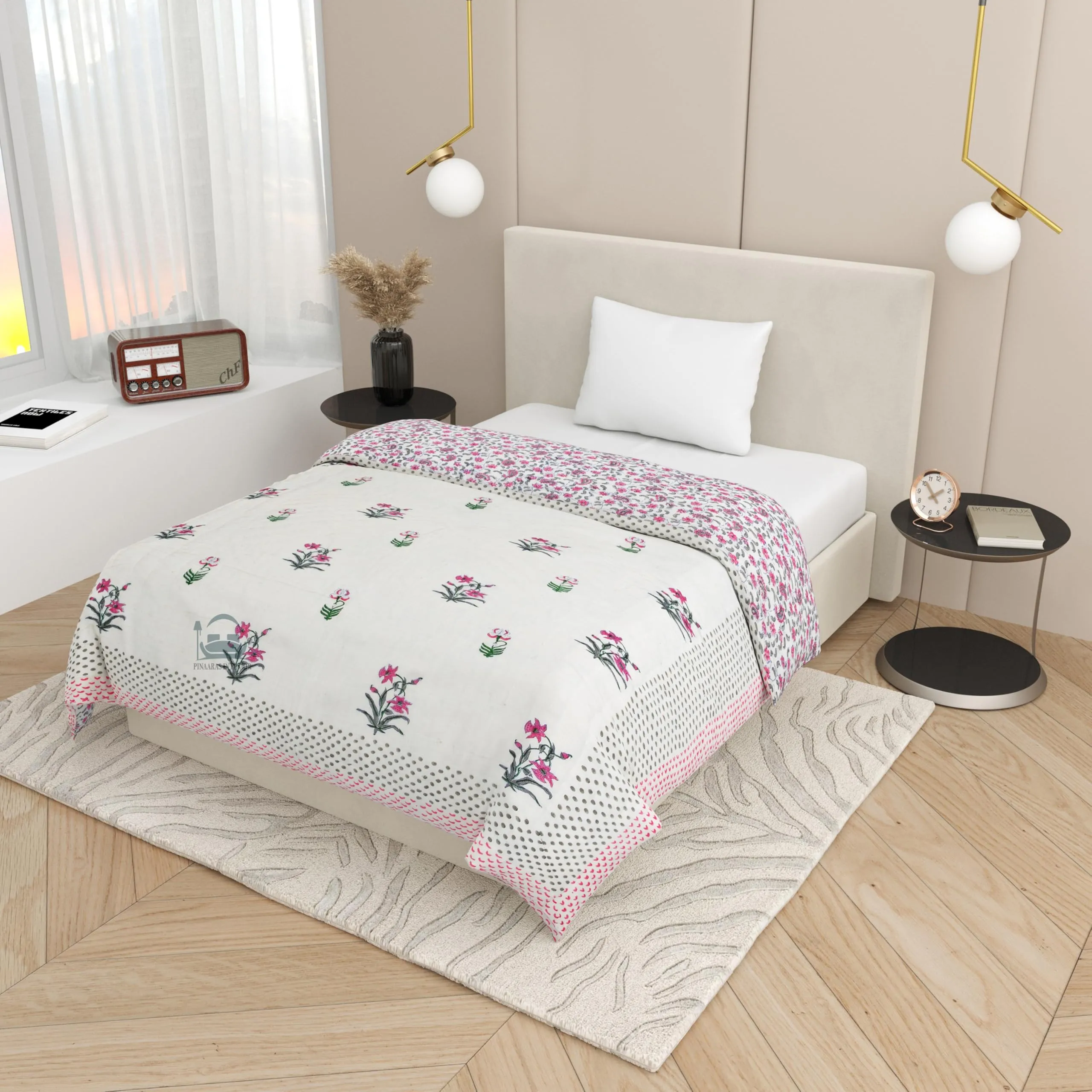 PINAARAS INTERIORS 300 TC Double Bed Jaipuri Razai Organic Pure Cotton Jaipuri rajai Ac Quilt for All Season Soft Lightweight Rajasthani Traditional Cotton Comforter - Pink Flowers