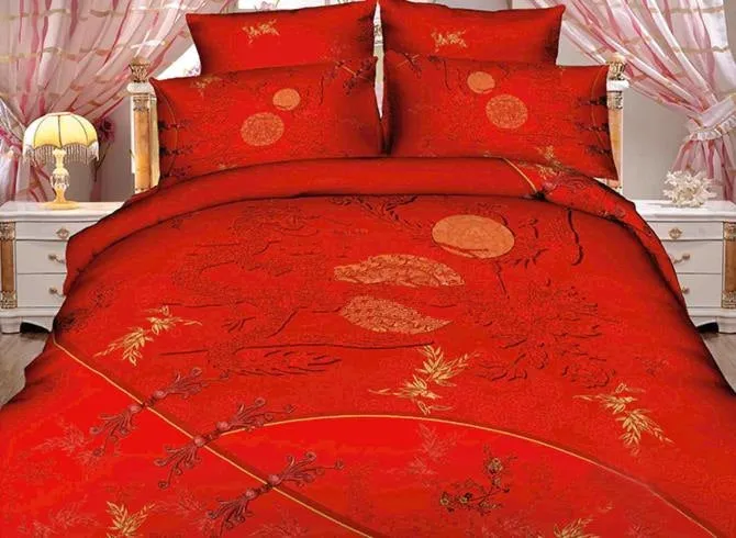 Pretty Red Color Dragon and Moon Print 3D Duvet Cover Sets