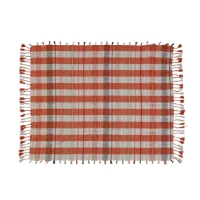 Recycled Cotton Blend Woven Plaid Throw Blanket with Braided Fringe