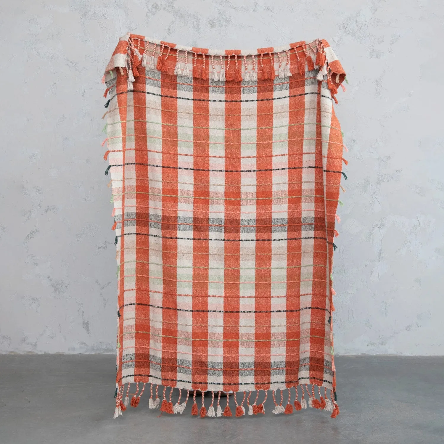 Recycled Cotton Blend Woven Plaid Throw Blanket with Braided Fringe