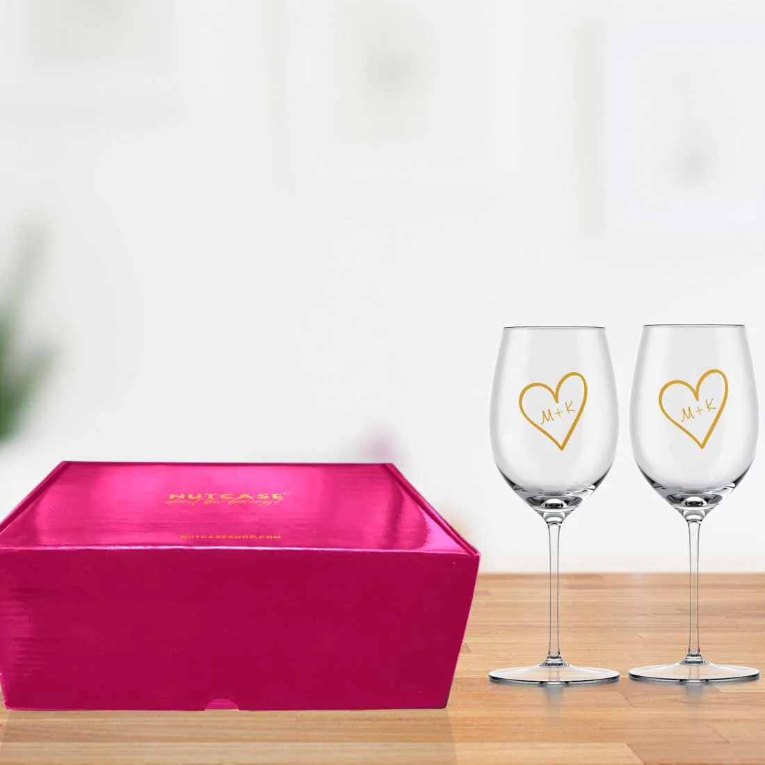 Red Wine Glass Set of 2 Gifts For Couples - Heart Design