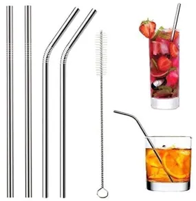 Reusable Stainless Steel Straw Set with Cleaning Brush for Juice, Cocktails - Set of 5