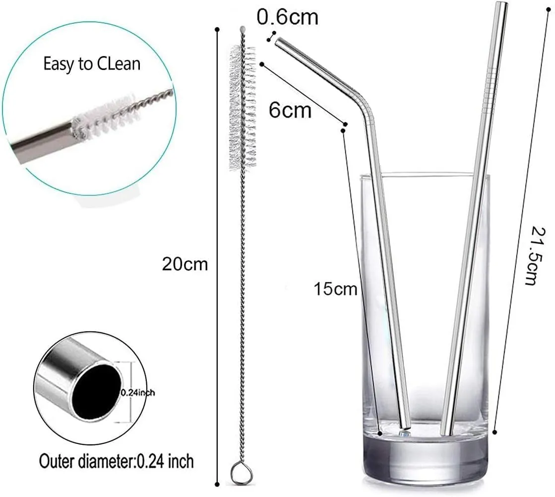 Reusable Stainless Steel Straw Set with Cleaning Brush for Juice, Cocktails - Set of 5