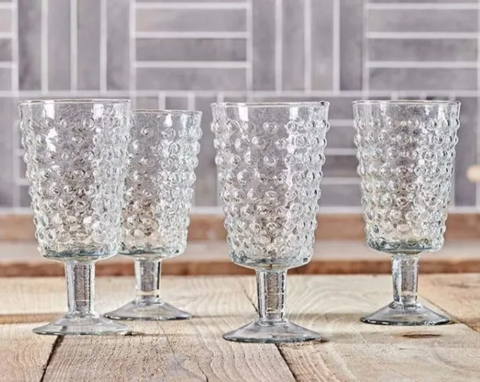 Set of Four Recycled Glass Wine Glasses with Bobbled Finish