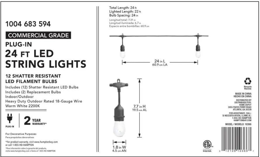 SmartYard 24 Ft. Waterproof LED String Light, 12 bulbs Plug-In