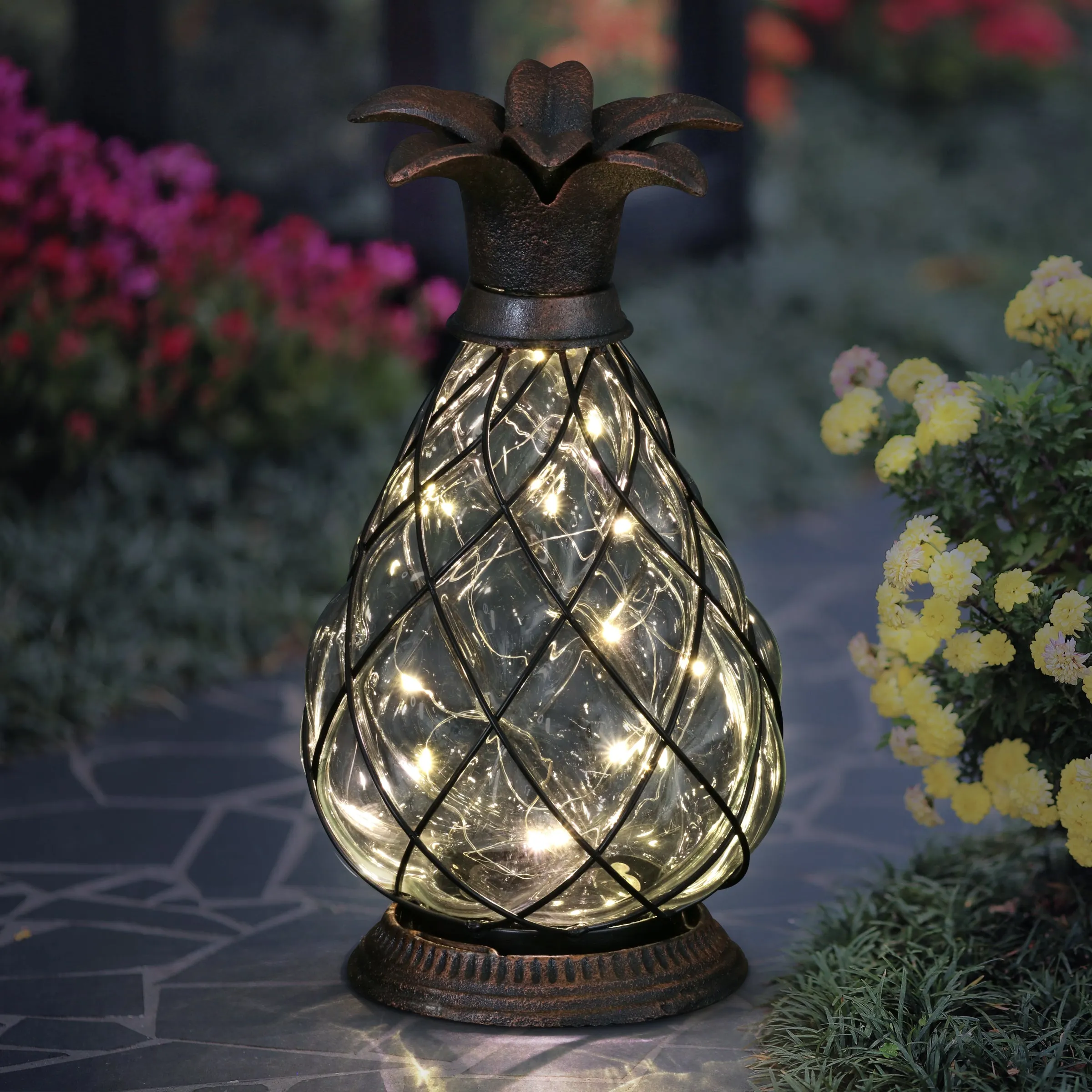 Solar Bronze Pineapple Lantern with 15 LED Firefly String Lights, 10 Inch