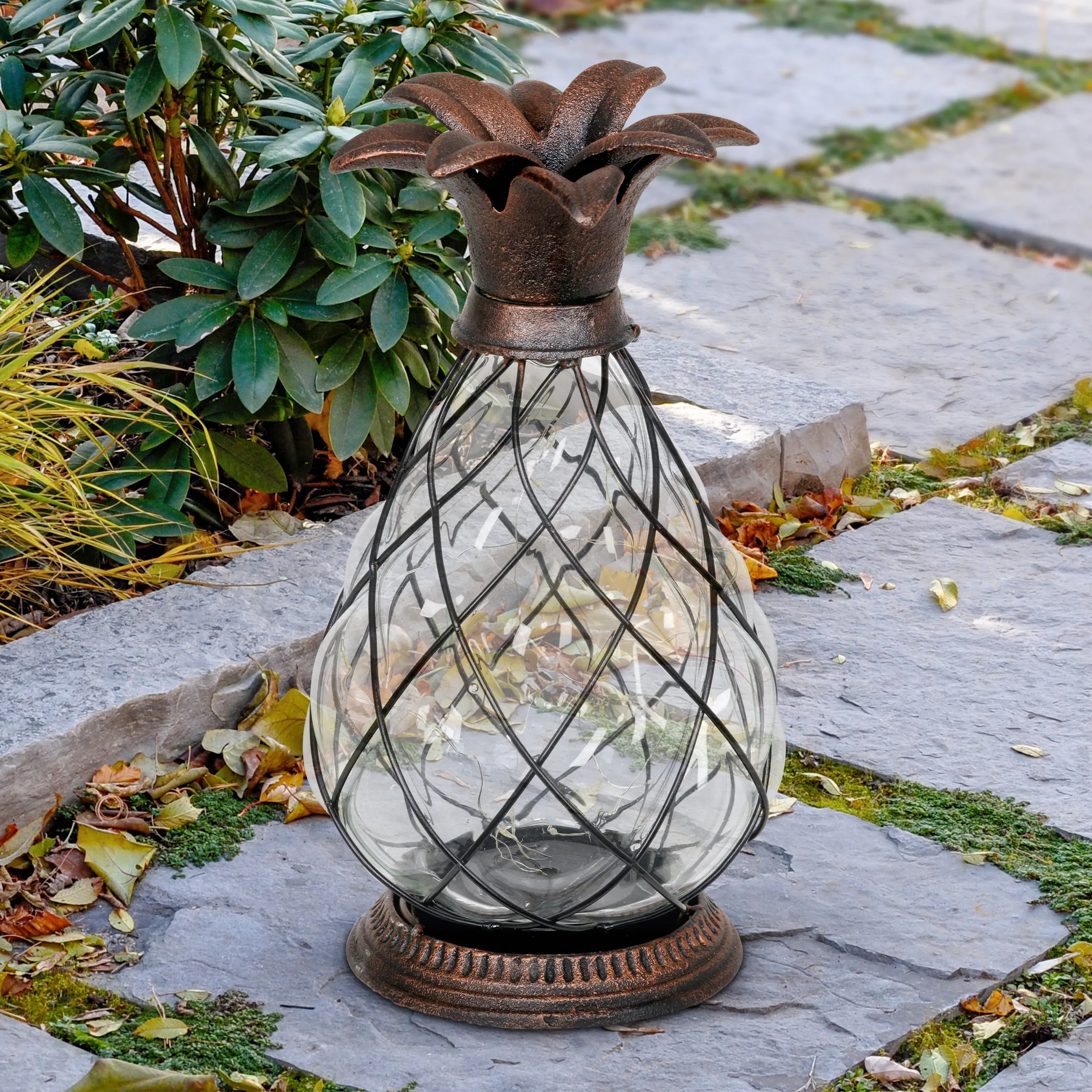 Solar Bronze Pineapple Lantern with 15 LED Firefly String Lights, 10 Inch