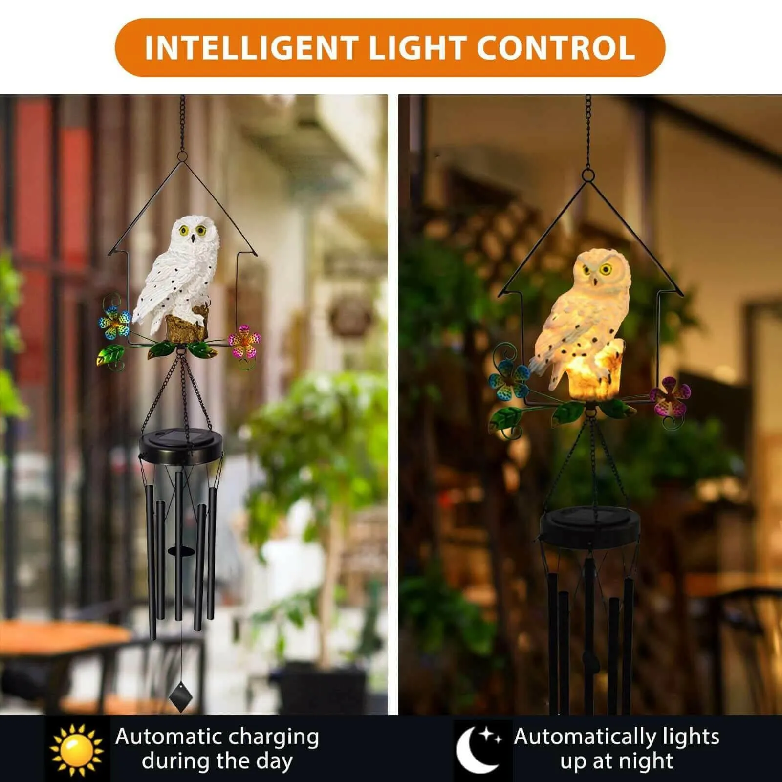 Solar Owl Wind Chime Light Outdoor LED Bird Sculpture Hanging Lamp