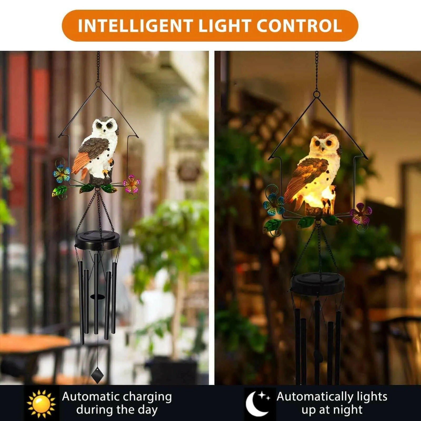 Solar Owl Wind Chime Light Outdoor LED Bird Sculpture Hanging Lamp