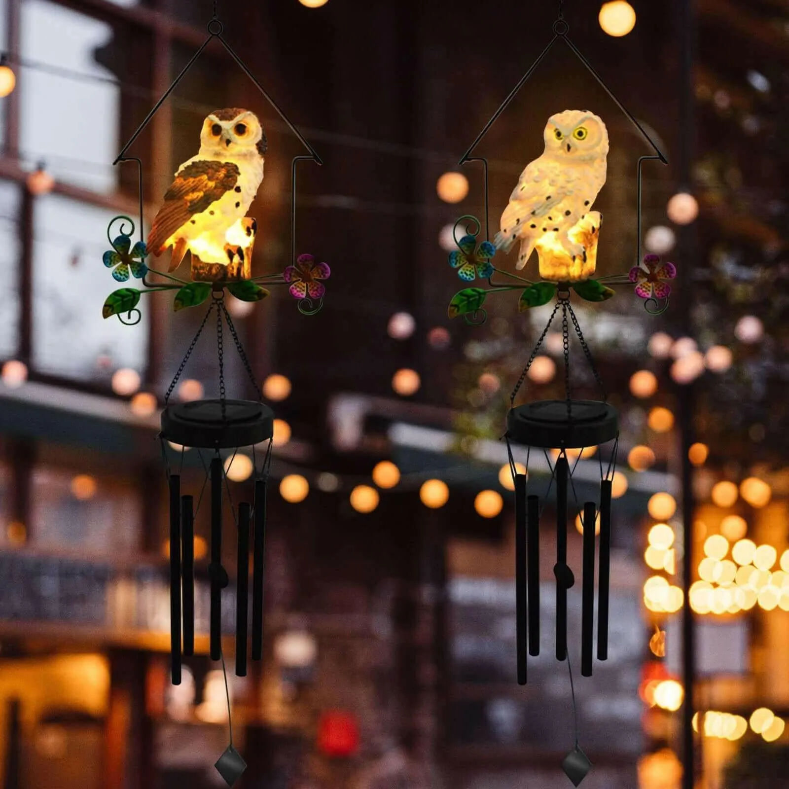 Solar Owl Wind Chime Light Outdoor LED Bird Sculpture Hanging Lamp