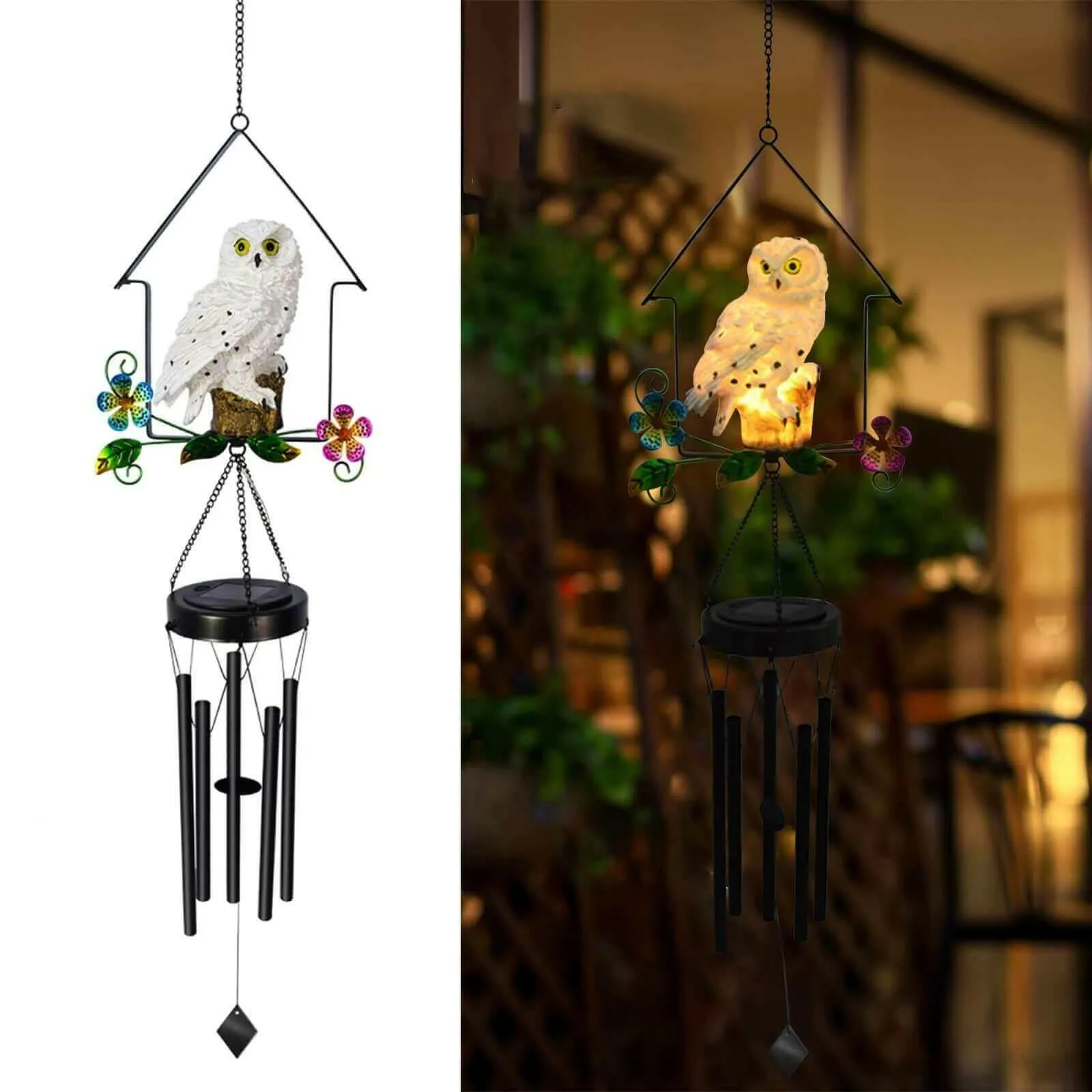 Solar Owl Wind Chime Light Outdoor LED Bird Sculpture Hanging Lamp