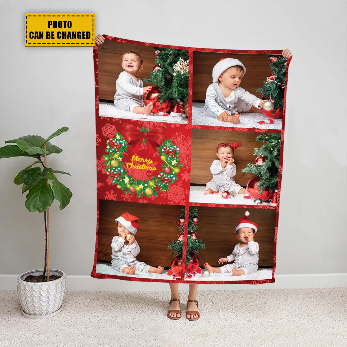 Teesdily | Christmas Custom Blanket With Photo Collage Christmas Theme Sherpa Fleece Personalized Blanket For Family Son Daughter Photo Keepsakes