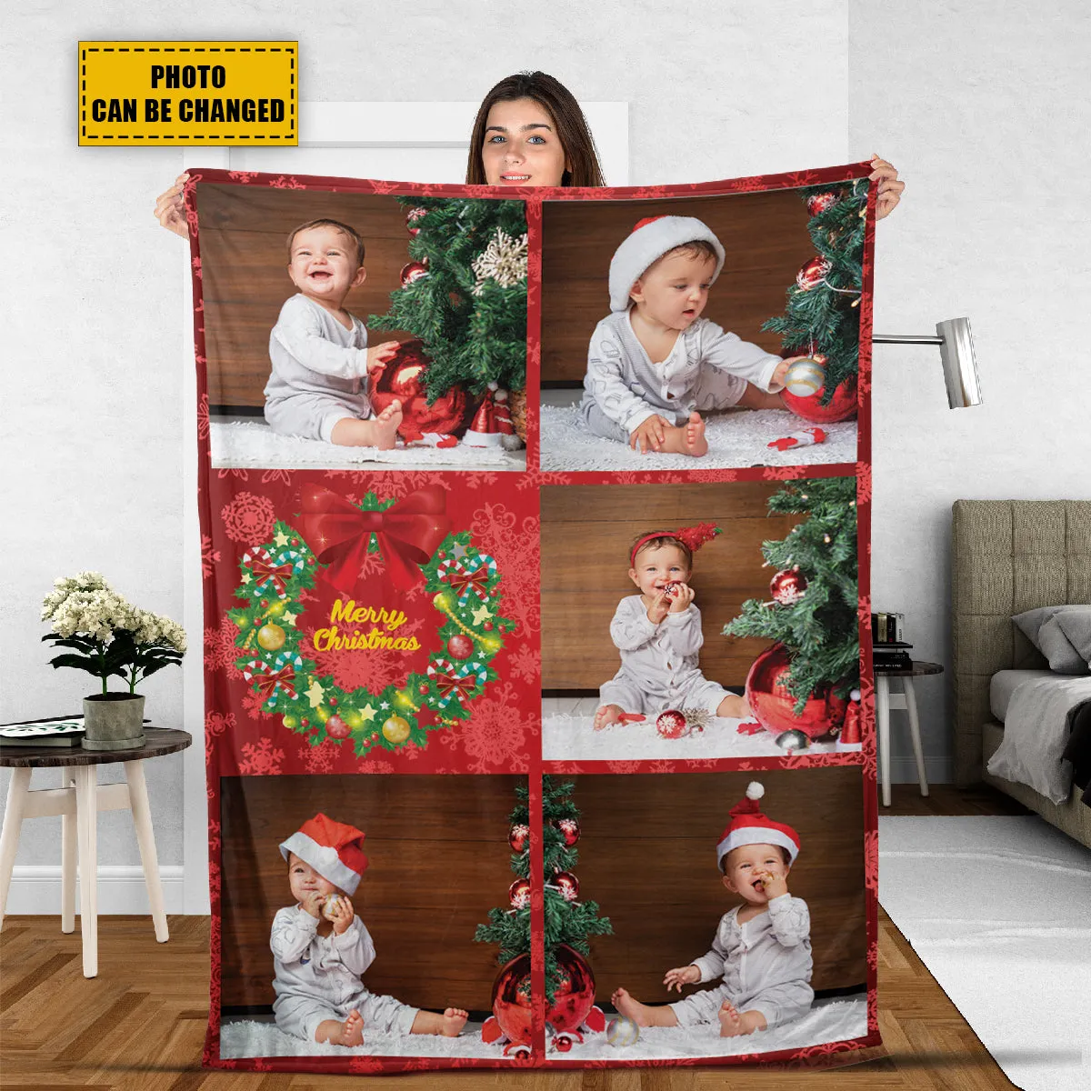 Teesdily | Christmas Custom Blanket With Photo Collage Christmas Theme Sherpa Fleece Personalized Blanket For Family Son Daughter Photo Keepsakes