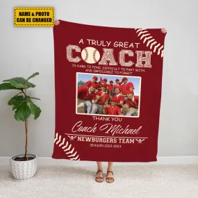 Teesdily | Personalized Baseball Coach Blanket With Picture, A Truly Great Coach Throw Blanket, Thank You Coach Gifts From Team Baseball Softball