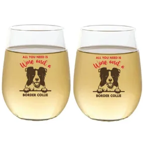 Wine-Oh! 2-Piece Stemless Shatterproof 16 oz. Wine Glasses, Border Collie