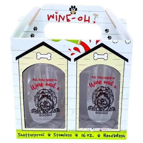 Wine-Oh! 2-Piece Stemless Shatterproof 16 oz. Wine Glasses, Border Collie