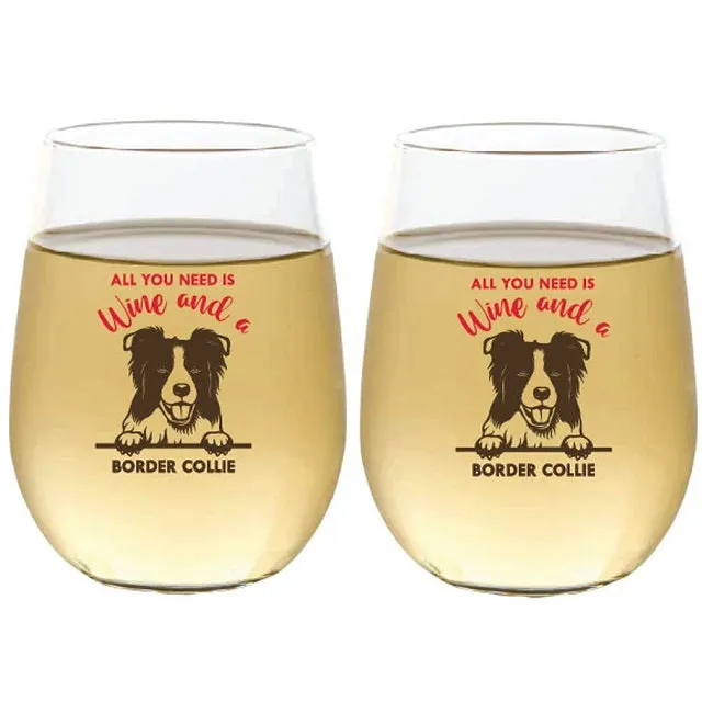 Wine-Oh! 2-Piece Stemless Shatterproof 16 oz. Wine Glasses, Border Collie