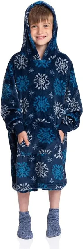 Wintry Embrace: Girls Fleece Wearable Blanket in Christmas Blue Print - Cozy Festive Warmth for Little Starlets