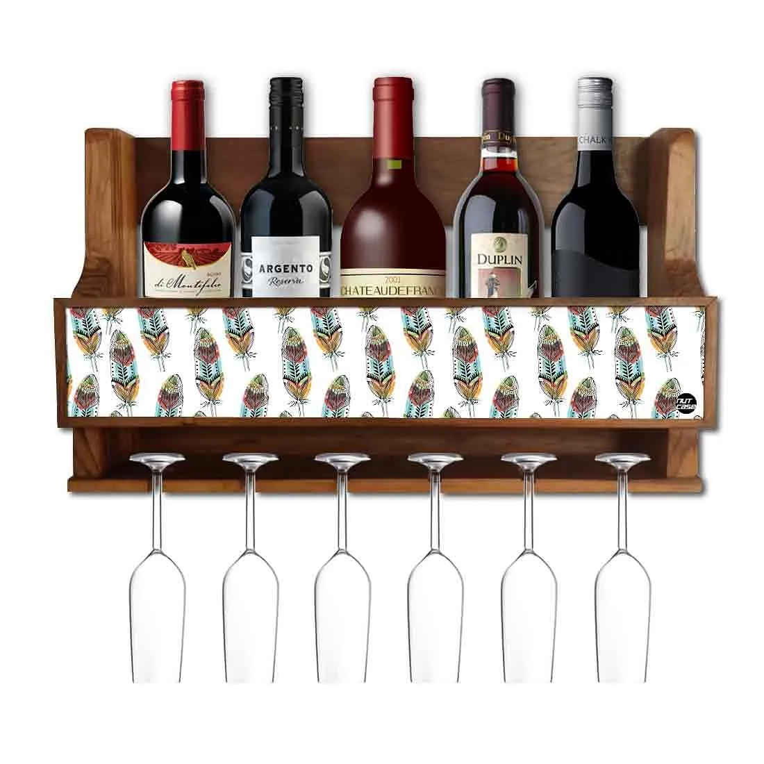 Wooden Wine Glass Rack Wall Mounted 5 bottle 6 Glasses -  Feathers In White