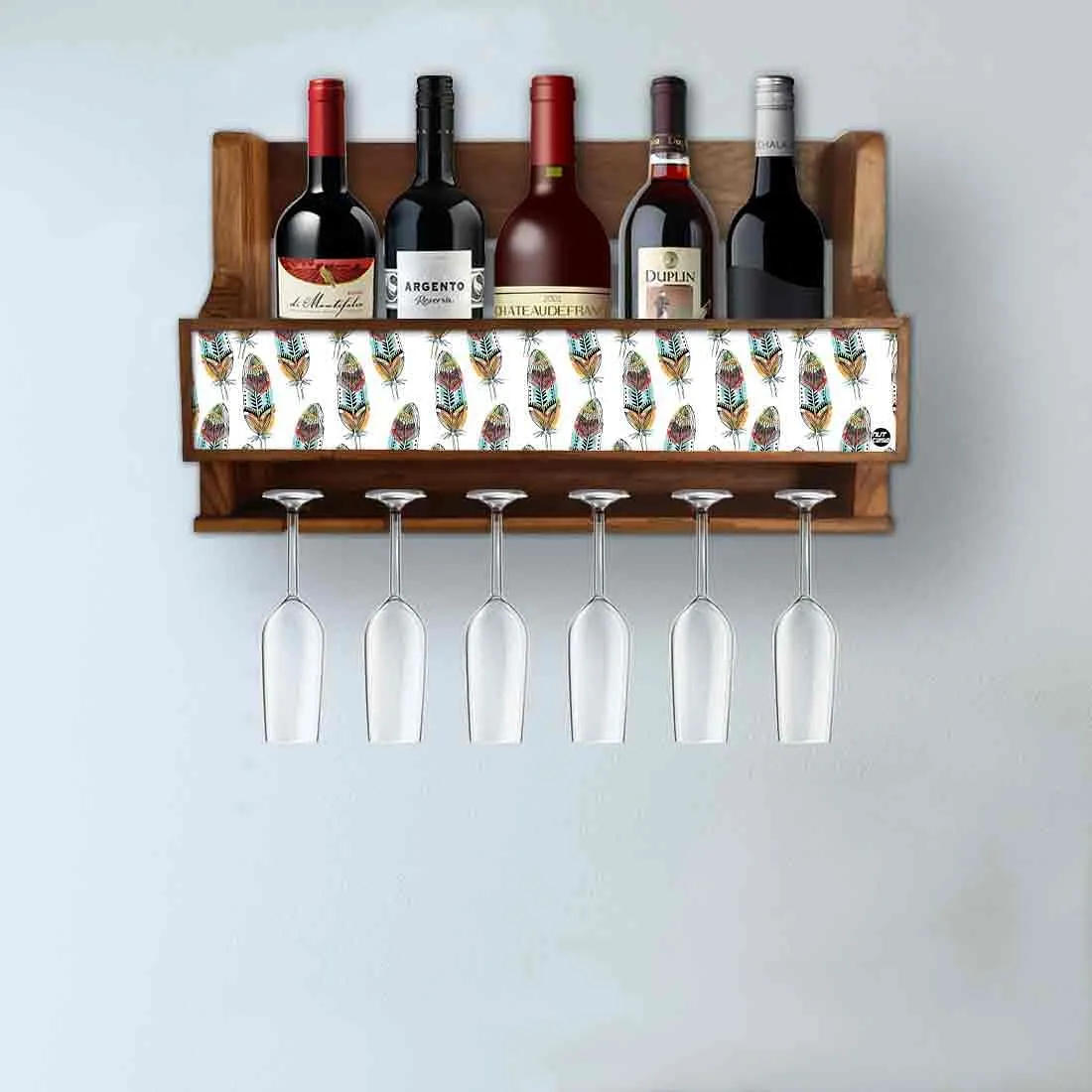 Wooden Wine Glass Rack Wall Mounted 5 bottle 6 Glasses -  Feathers In White